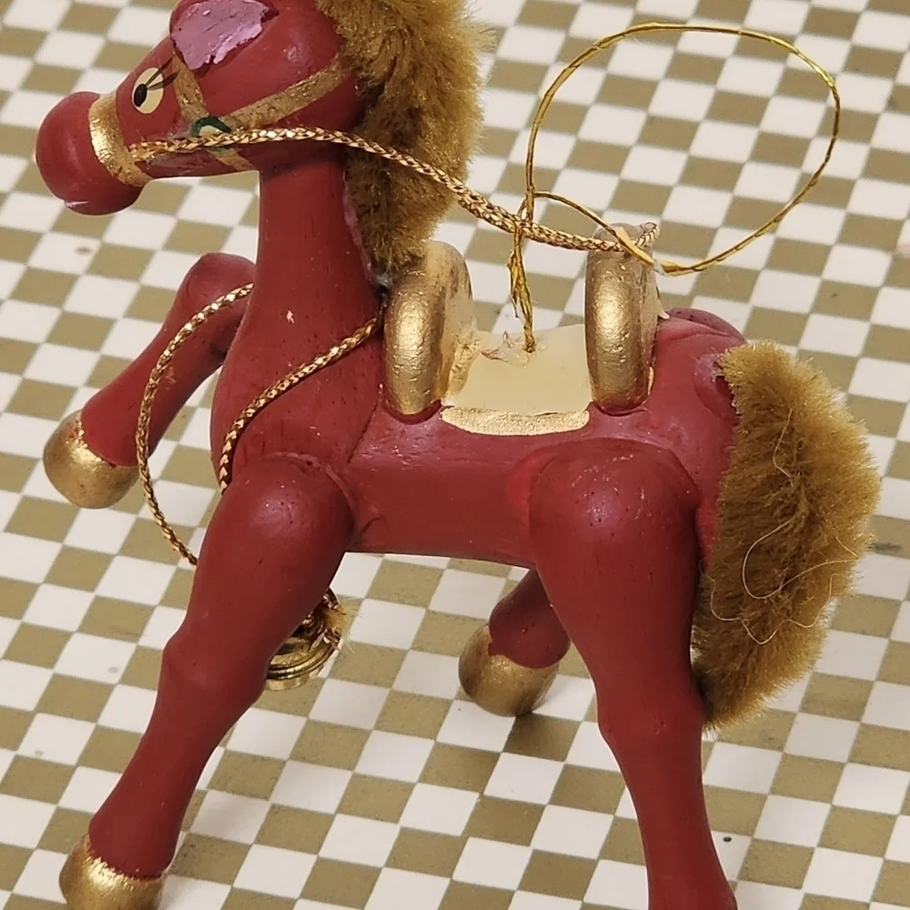 Red Wooden Horse Christmas Ornament Mane and Tail Russ Taiwan Vintage Cute